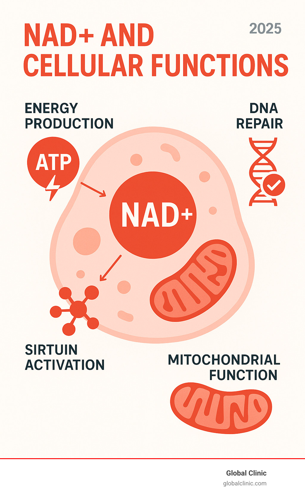 Comprehensive infographic showing NAD+ cellular functions including energy production through ATP synthesis, DNA repair mechanisms, sirtuin protein activation, and mitochondrial optimization within human cells - nad+ injections benefits infographic 