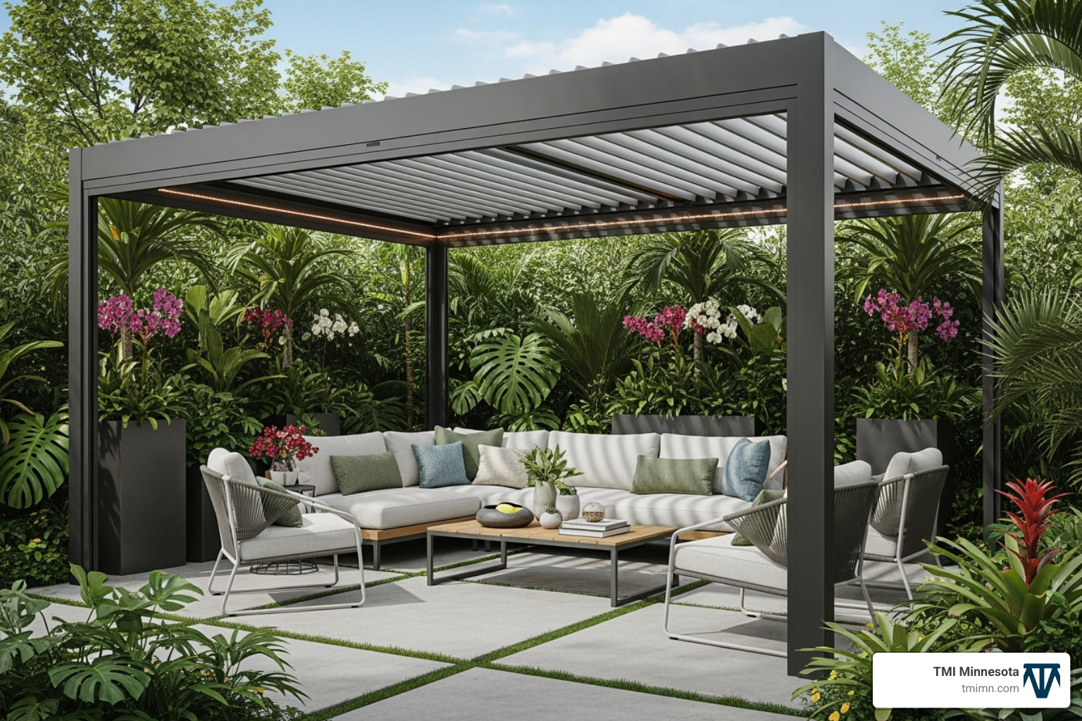 modern aluminum pergola over a lounge area, surrounded by lush greenery - Neat patio design modern aluminum pergola over a lounge area, surrounded by lush greenery - Neat patio design
