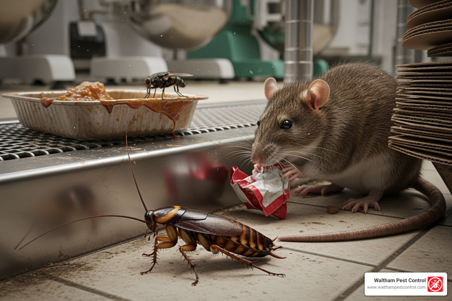 Image of common commercial pests like cockroaches, rodents, and flies - Commercial Pest Services