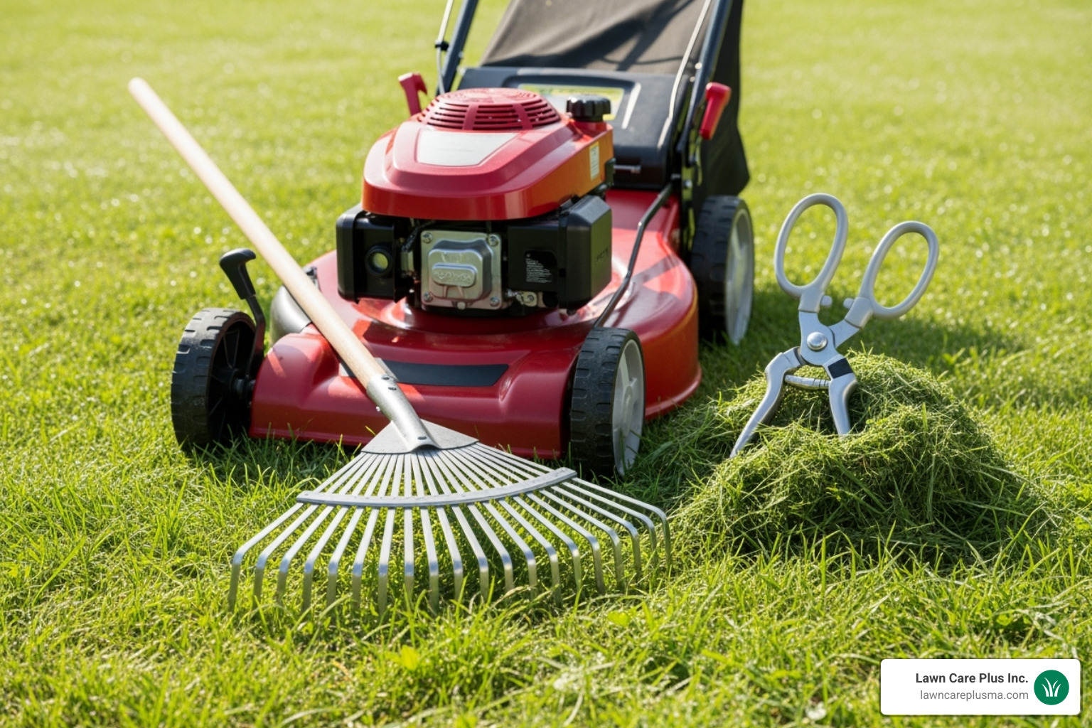 essential yard work tools like a rake, mower, and pruners neatly arranged - yard cleanup and maintenance