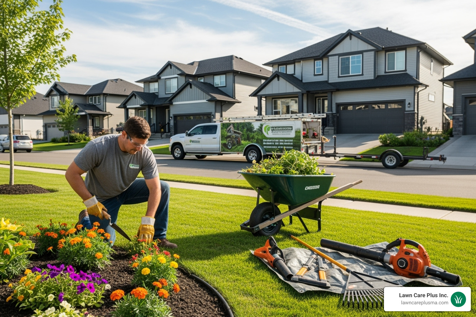 professional landscaper working on a residential property - yard cleanup and maintenance