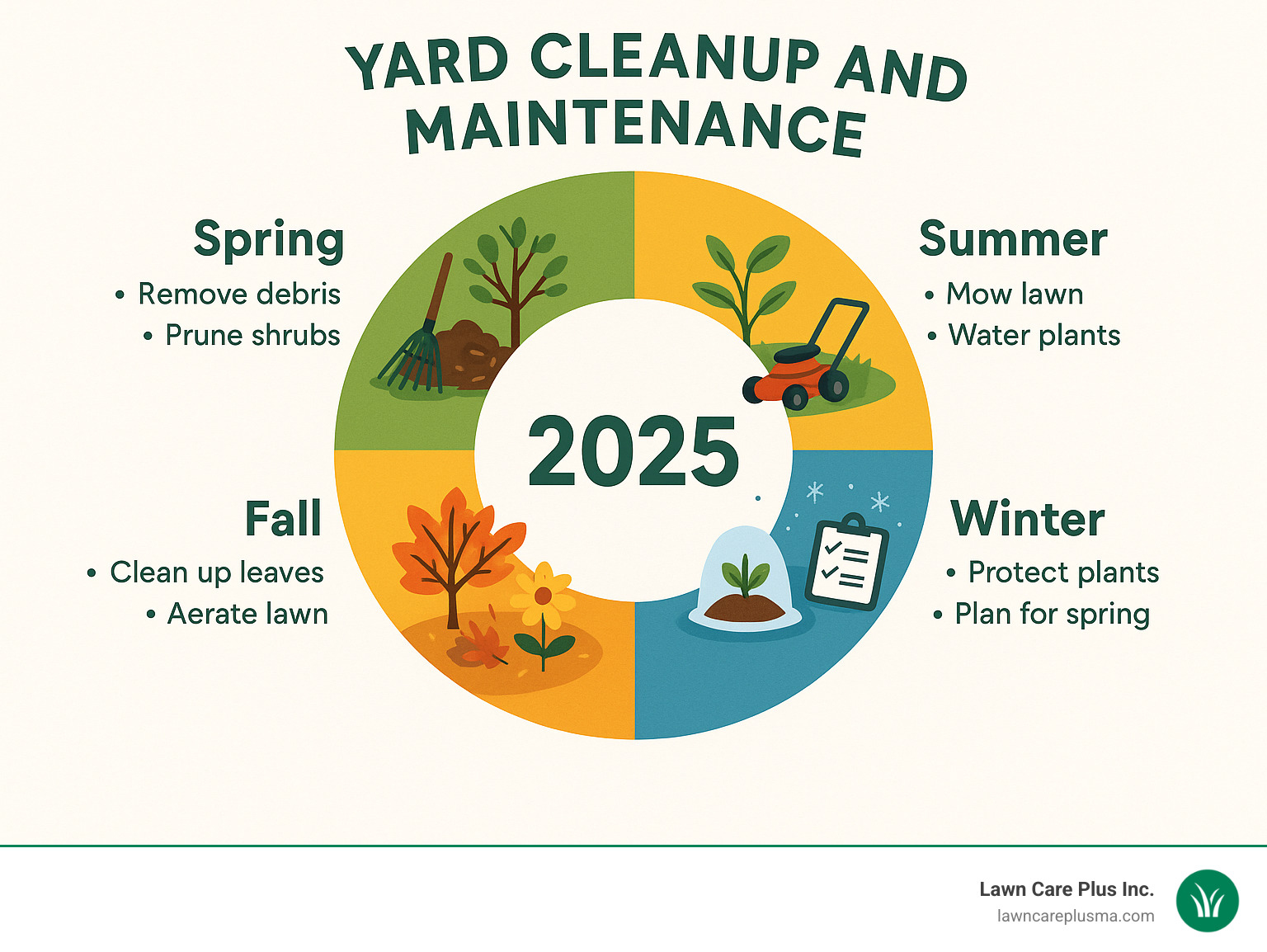 Comprehensive infographic showing a circular calendar with four seasons, each displaying specific yard maintenance tasks including spring debris removal and pruning, summer mowing and watering schedules, fall leaf cleanup and aeration, and winter protection and planning phases - yard cleanup and maintenance infographic 