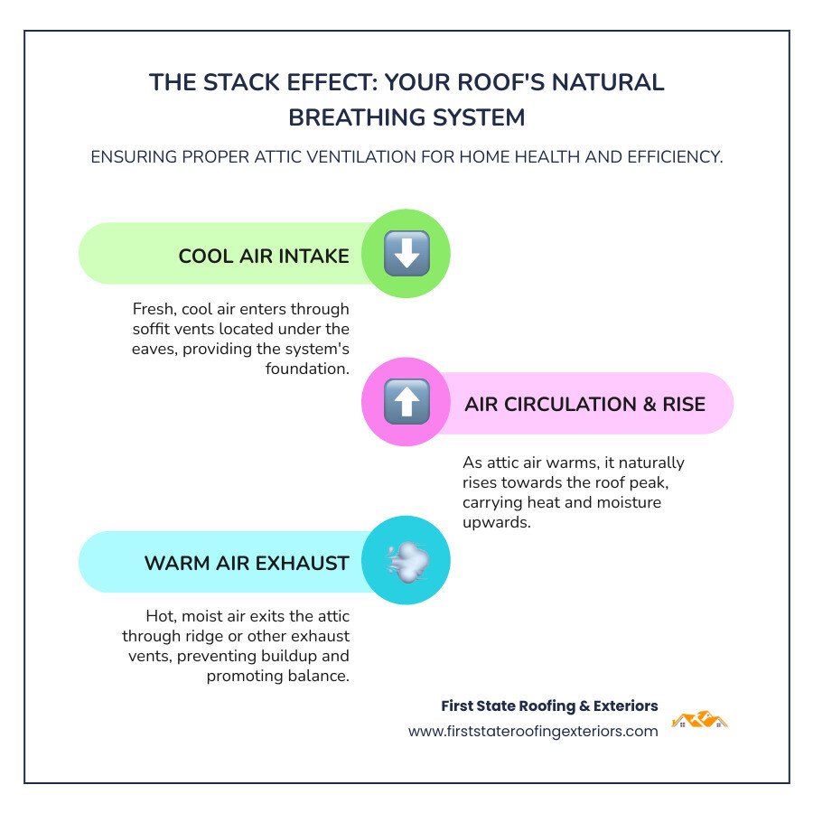 Infographic showing the stack effect in an attic with cool air entering through soffit vents at the eaves and warm, moist air naturally rising and exiting through ridge vents at the roof peak, demonstrating proper balanced airflow that prevents moisture buildup and maintains consistent attic temperatures - Roof ventilation repair infographic infographic-line-3-steps-colors