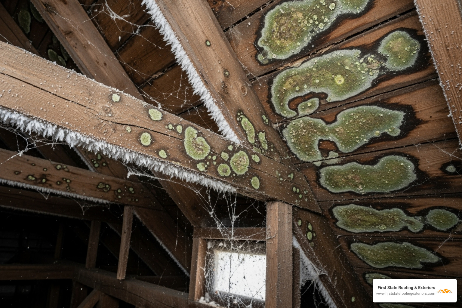 Image of attic rafters covered in frost or mold, highlighting a major sign of poor ventilation. - Roof ventilation repair
