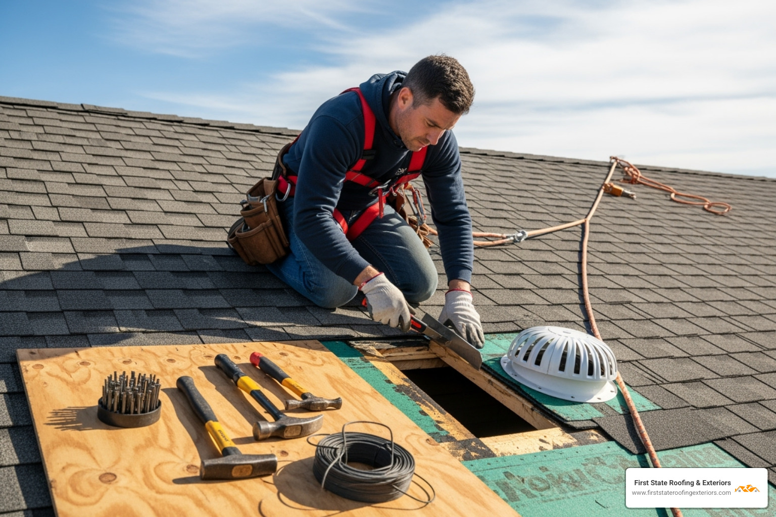 Roofer safely working on a roof, replacing a box vent - Roof ventilation repair