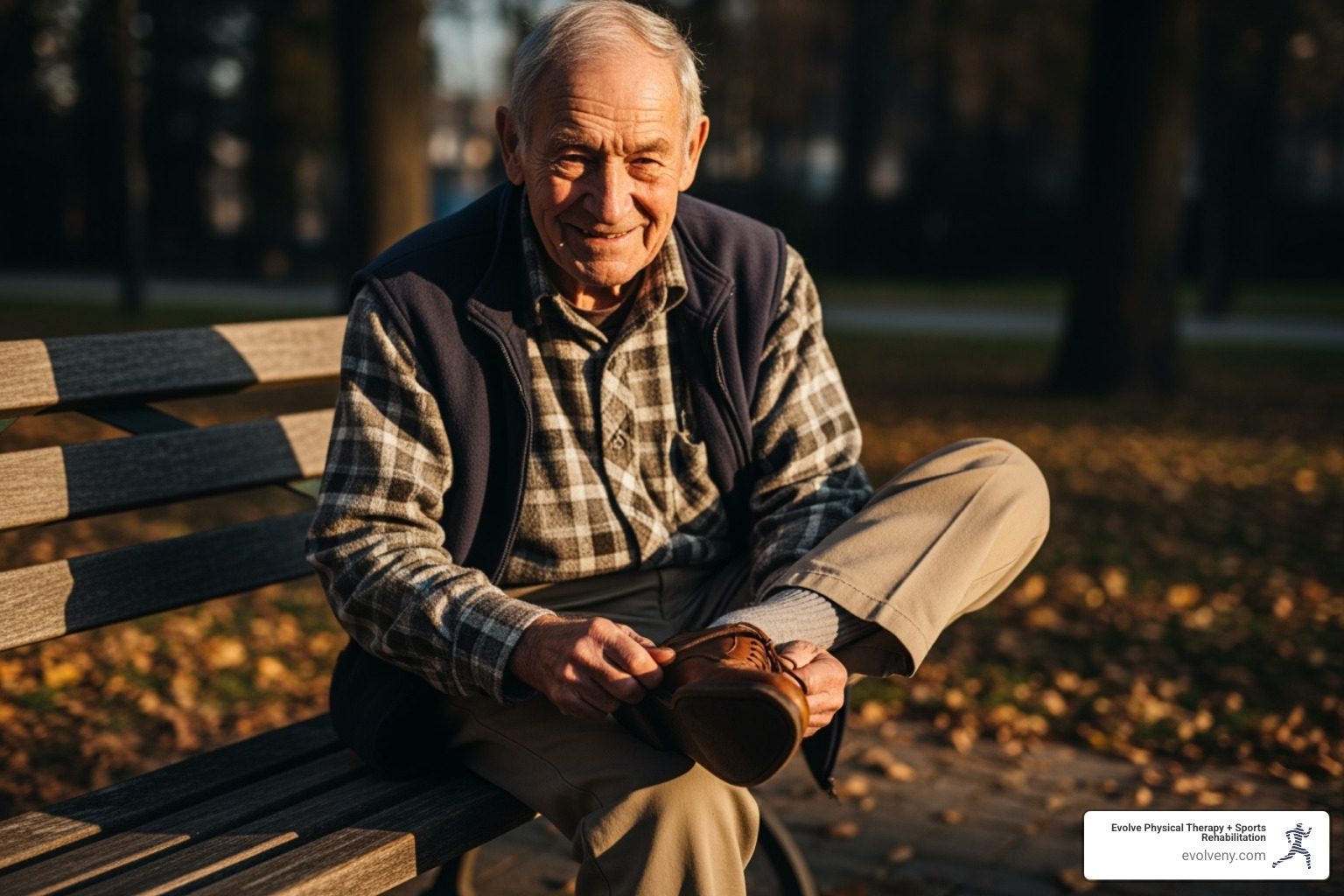 older adult comfortably tying their shoe - mobility movement training