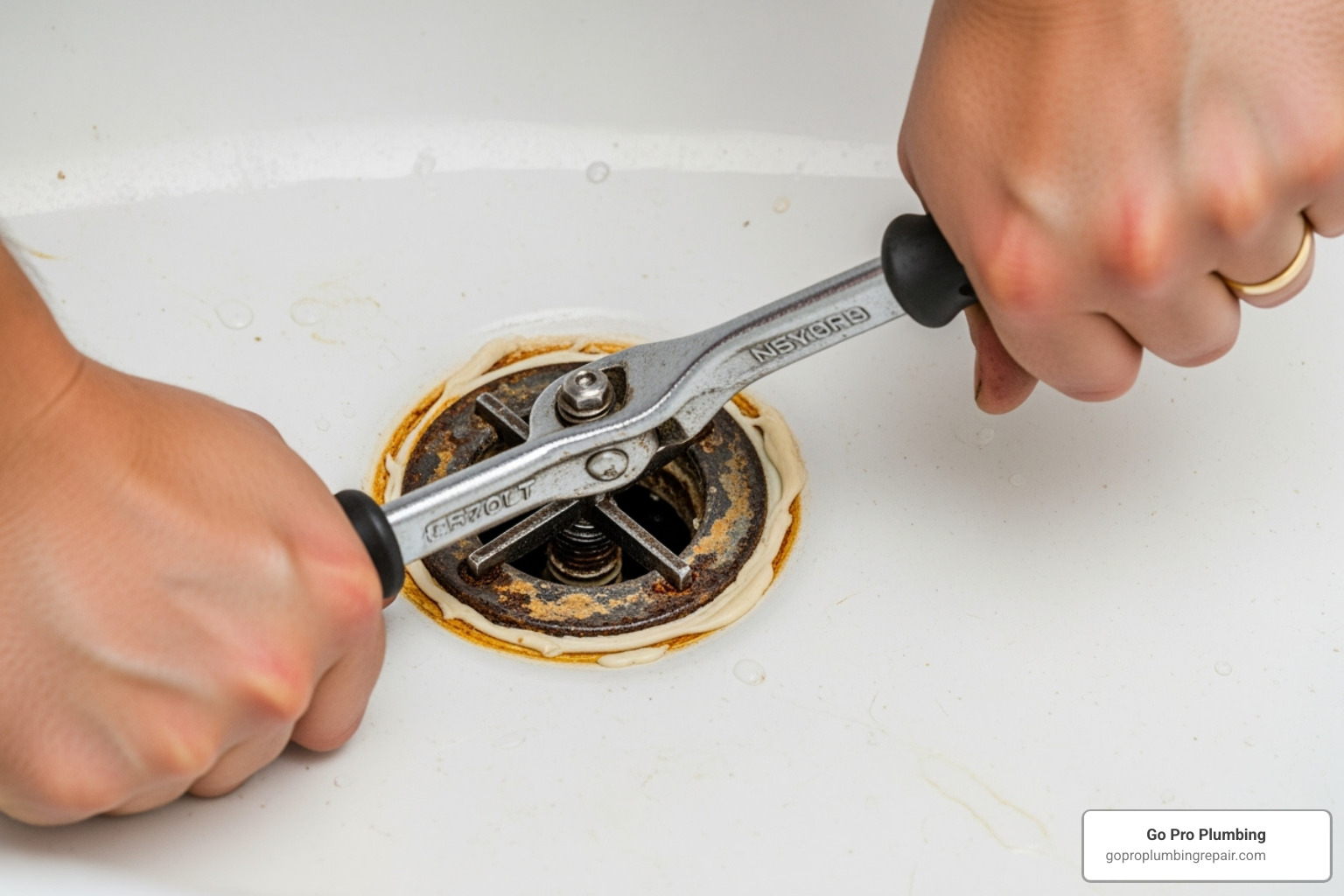 using a drain wrench to remove an old drain flange - Bathtub drain replacement