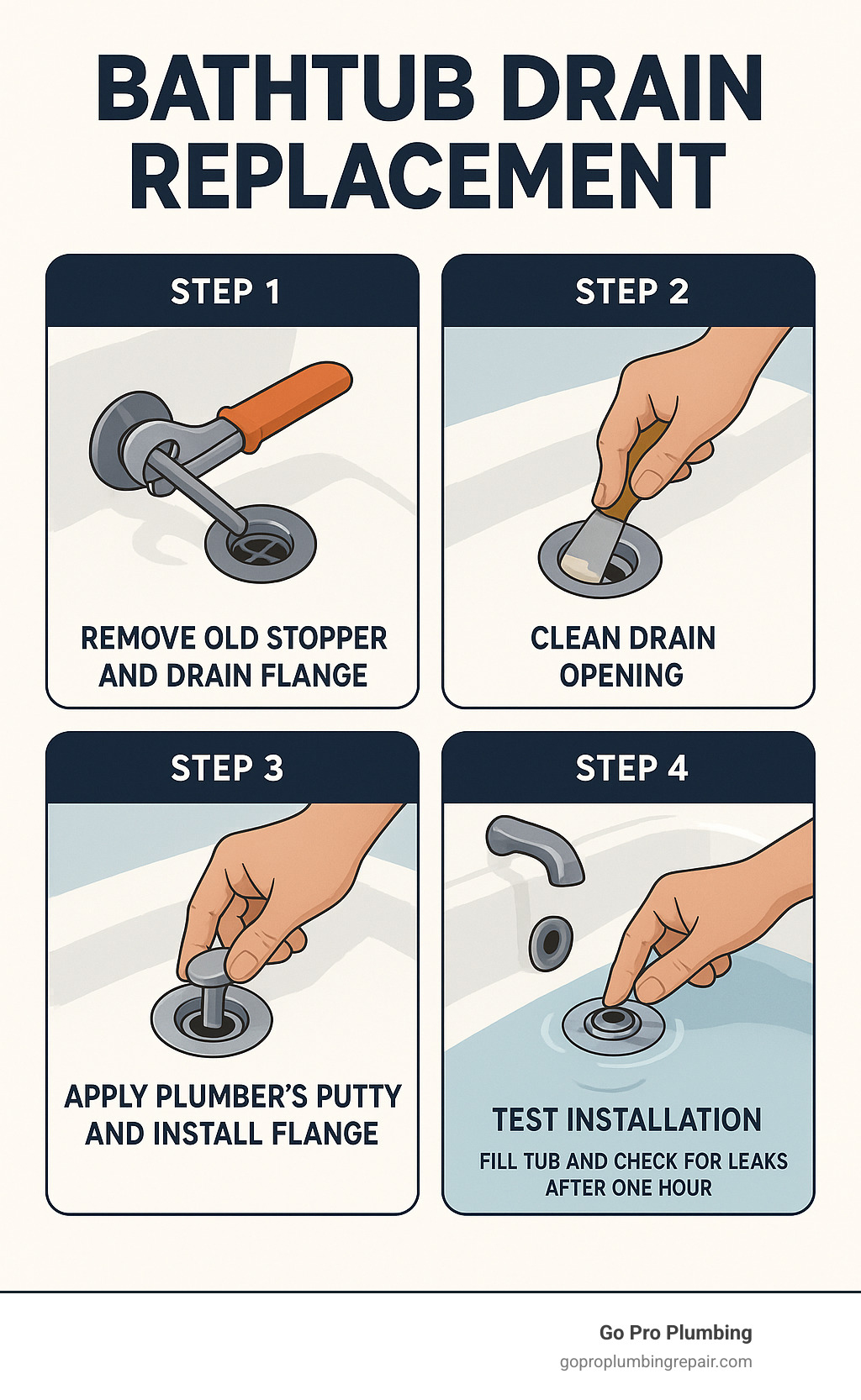 Detailed infographic showing bathtub drain replacement process: Step 1 shows removing old stopper and drain flange with drain wrench, Step 2 displays cleaning drain opening and scraping old putty, Step 3 illustrates applying plumber's putty to new drain and installing flange, Step 4 demonstrates testing installation by filling tub and checking for leaks after one hour - Bathtub drain replacement infographic 