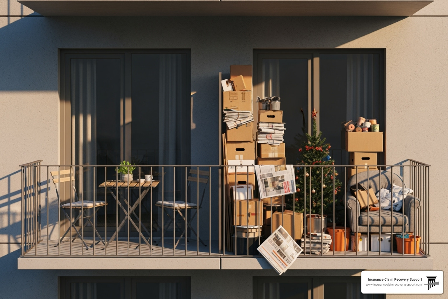 a clean, compliant apartment balcony next to a cluttered, hazardous one - mulitfamily fire a clean, compliant apartment balcony next to a cluttered, hazardous one - mulitfamily fire