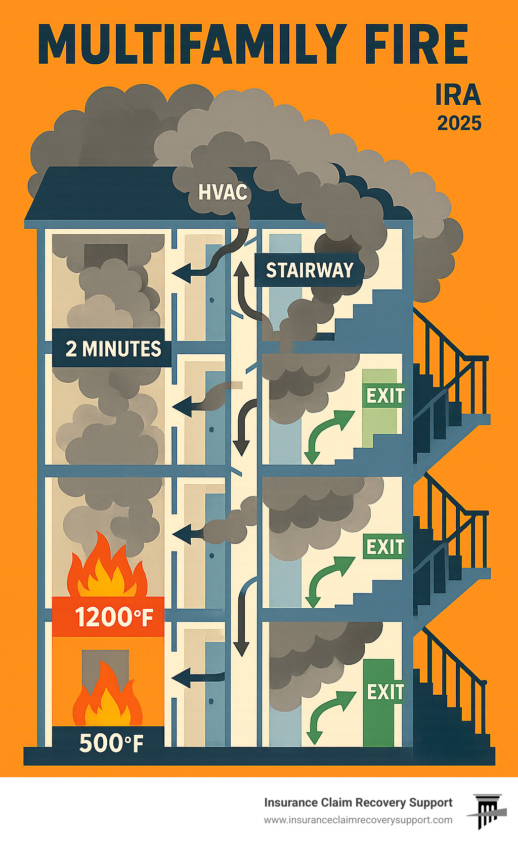 Detailed infographic showing the progression of fire and smoke spread through a multi-story apartment building over time, including how smoke travels through HVAC systems, stairwells, and shared spaces, with temperature indicators and evacuation routes marked - mulitfamily fire infographic  Detailed infographic showing the progression of fire and smoke spread through a multi-story apartment building over time, including how smoke travels through HVAC systems, stairwells, and shared spaces, with temperature indicators and evacuation routes marked - mulitfamily fire infographic