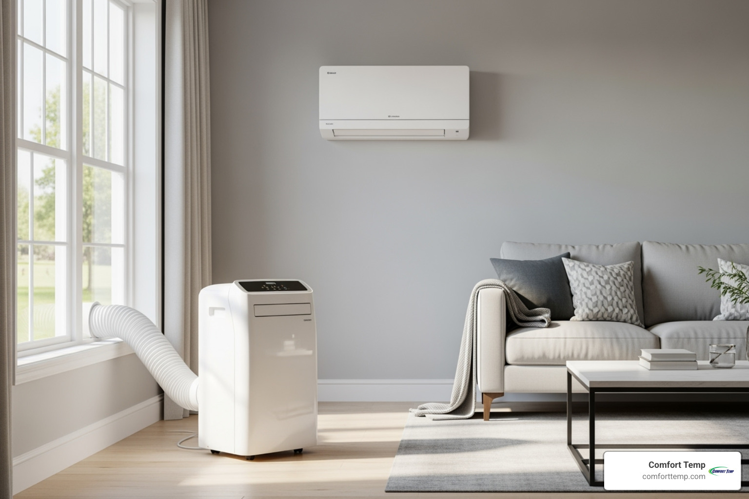 a portable AC unit in a room and a ductless mini-split unit on a wall - 7000 BTU room size a portable AC unit in a room and a ductless mini-split unit on a wall - 7000 BTU room size