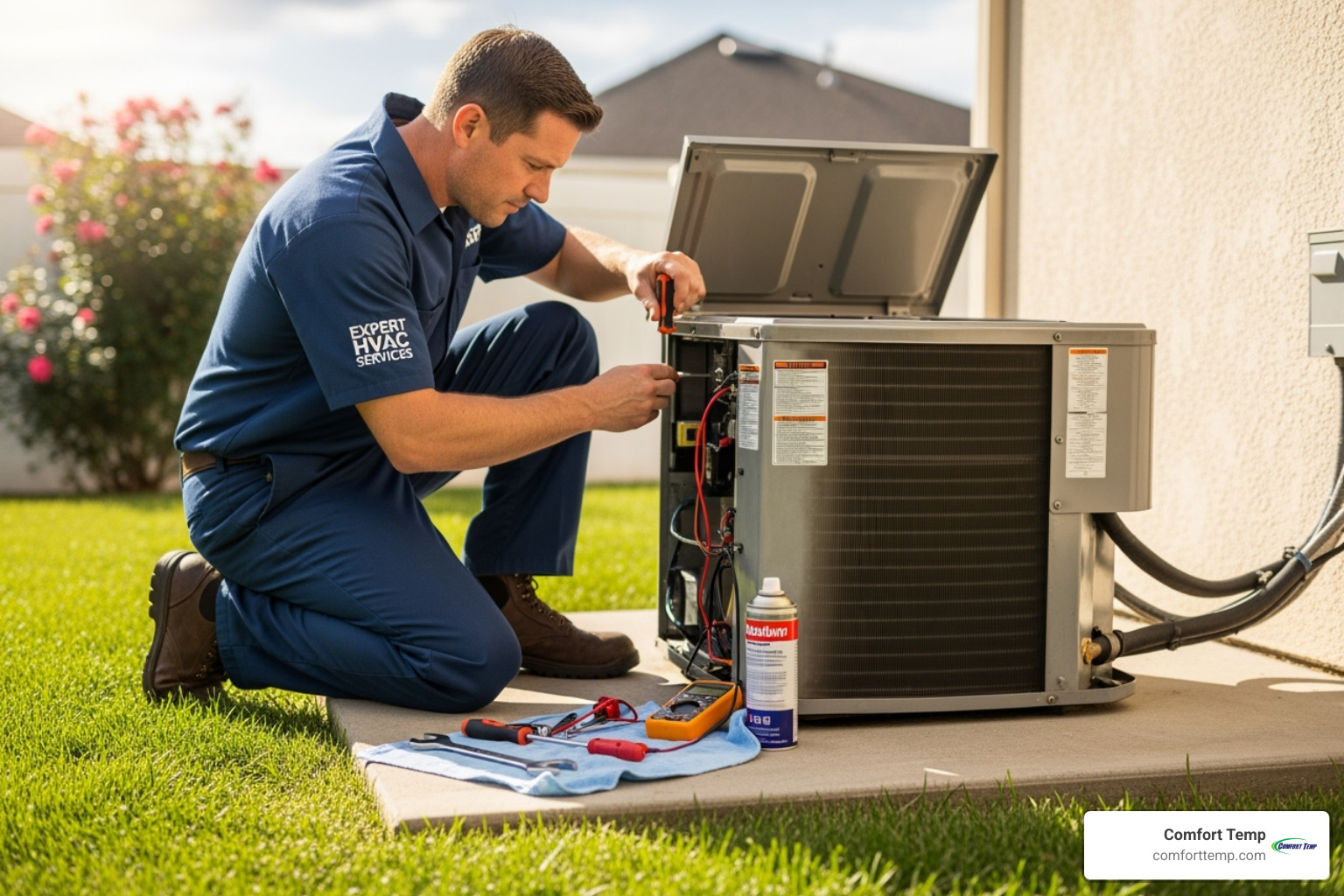 a professional HVAC technician performing maintenance on an outdoor AC unit - 7000 btu room size a professional HVAC technician performing maintenance on an outdoor AC unit - 7000 btu room size