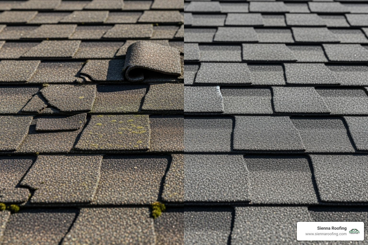 close-up on cracked, curling shingles next to a photo of new, pristine shingles - residential roof installation sugar land tx