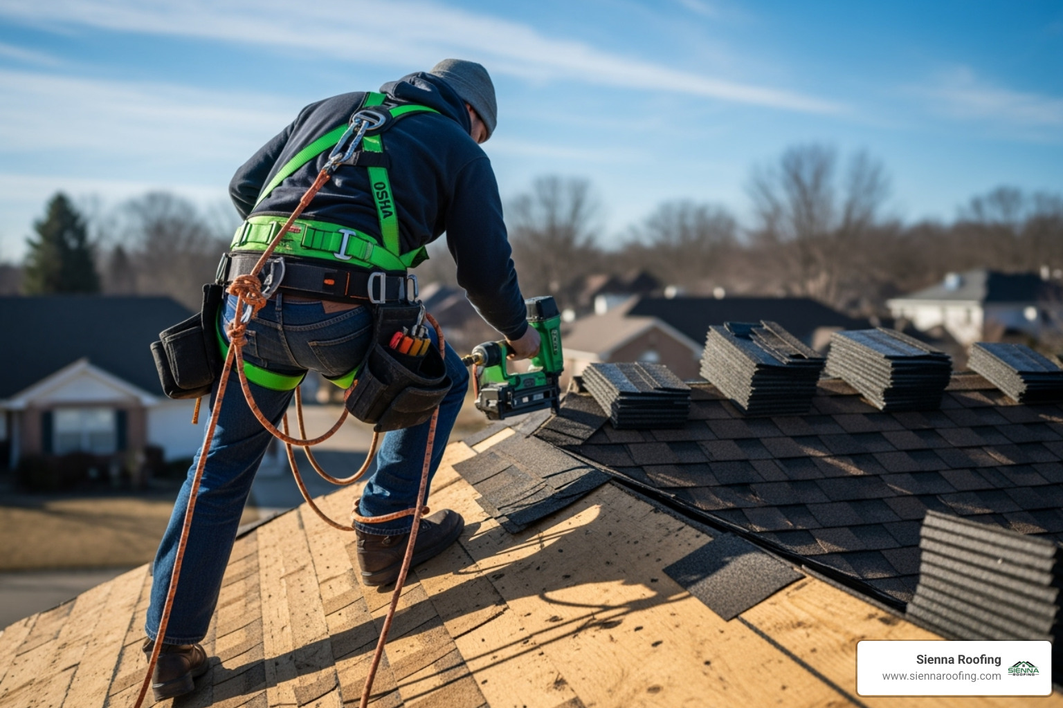 GAF Master Elite certified roofer installing roof with safety harness - residential roof installation sugar land tx