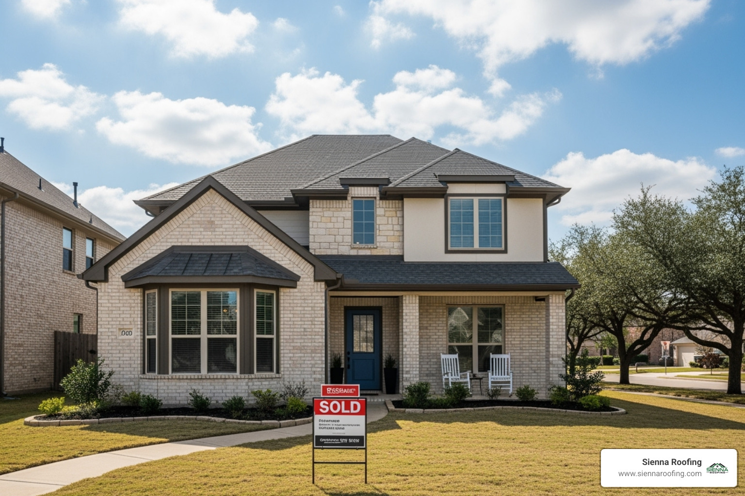 beautiful Sugar Land home with a "Sold" sign, highlighting its new roof - residential roof installation sugar land tx