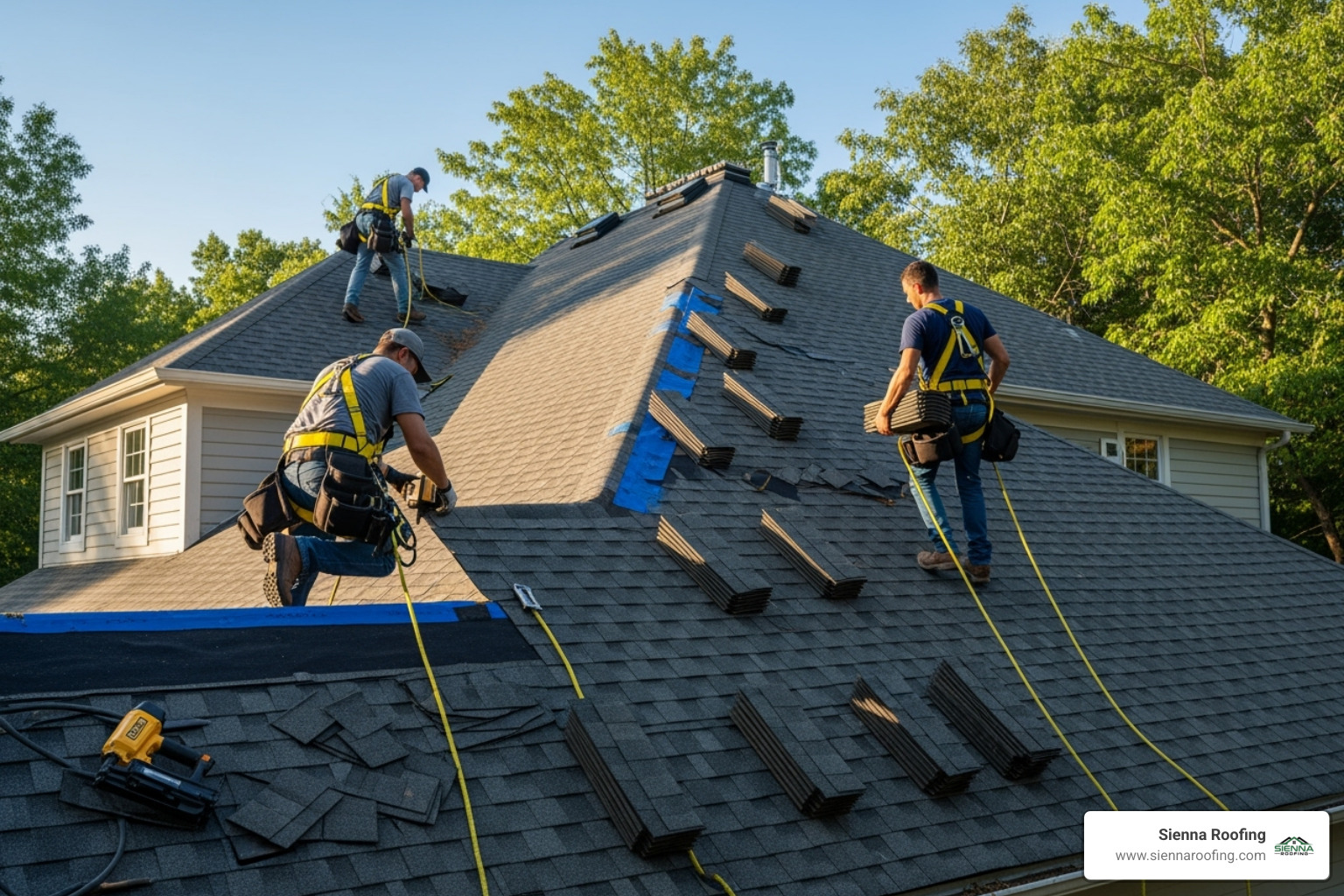 professional roofing crew installing shingles on a roof with proper safety harnesses - residential roof installation sugar land tx