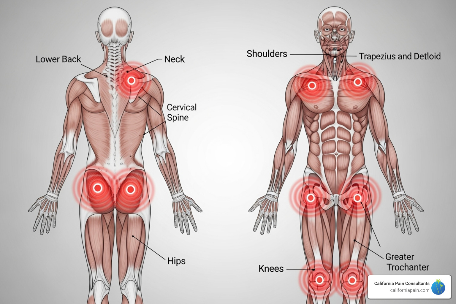 illustration of common pain areas: lower back, neck, and various joints - diagnostic pain procedures