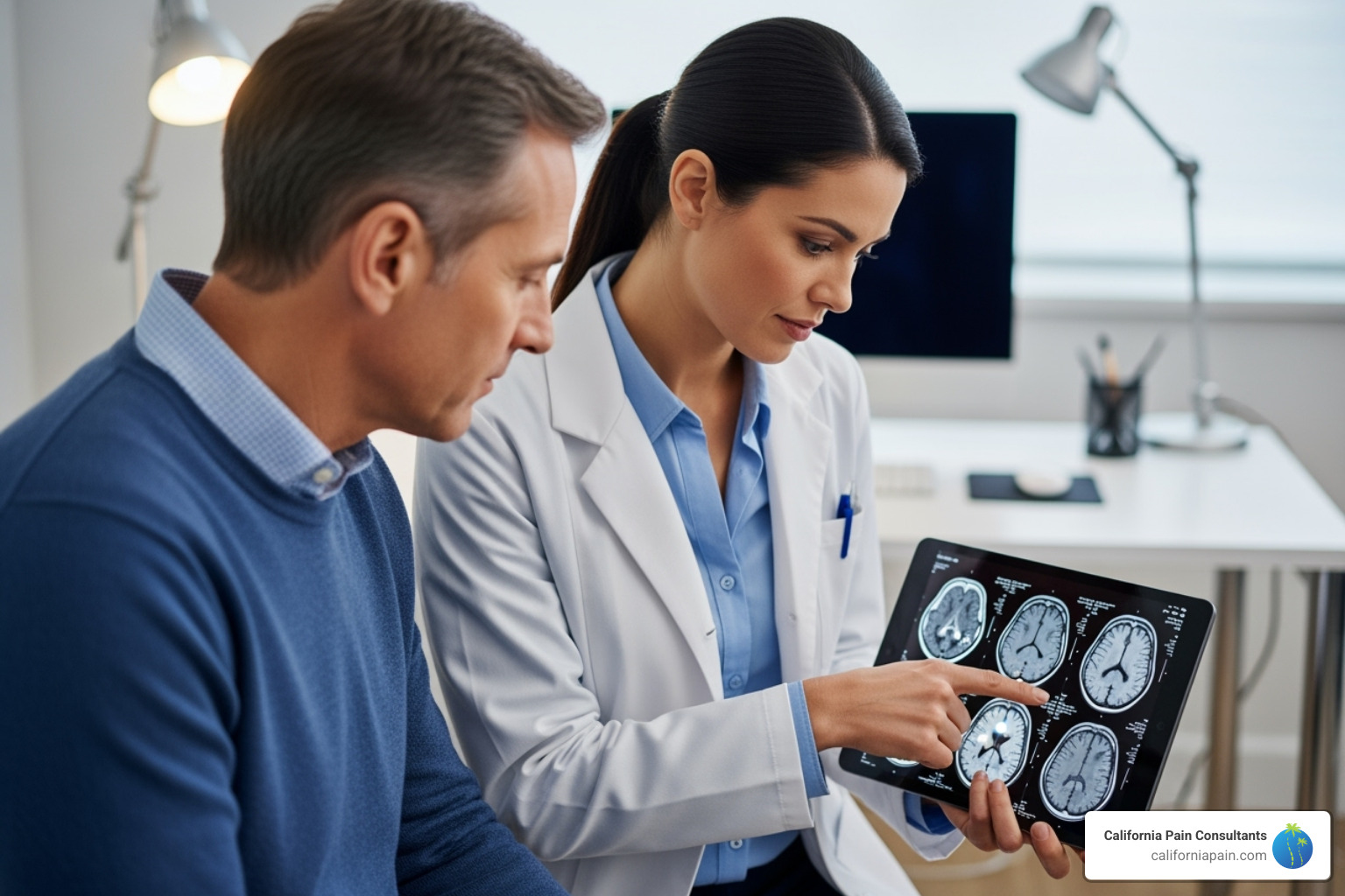 Image of a doctor reviewing an MRI scan on a tablet with a patient, pointing to an area on the screen - diagnostic pain procedures