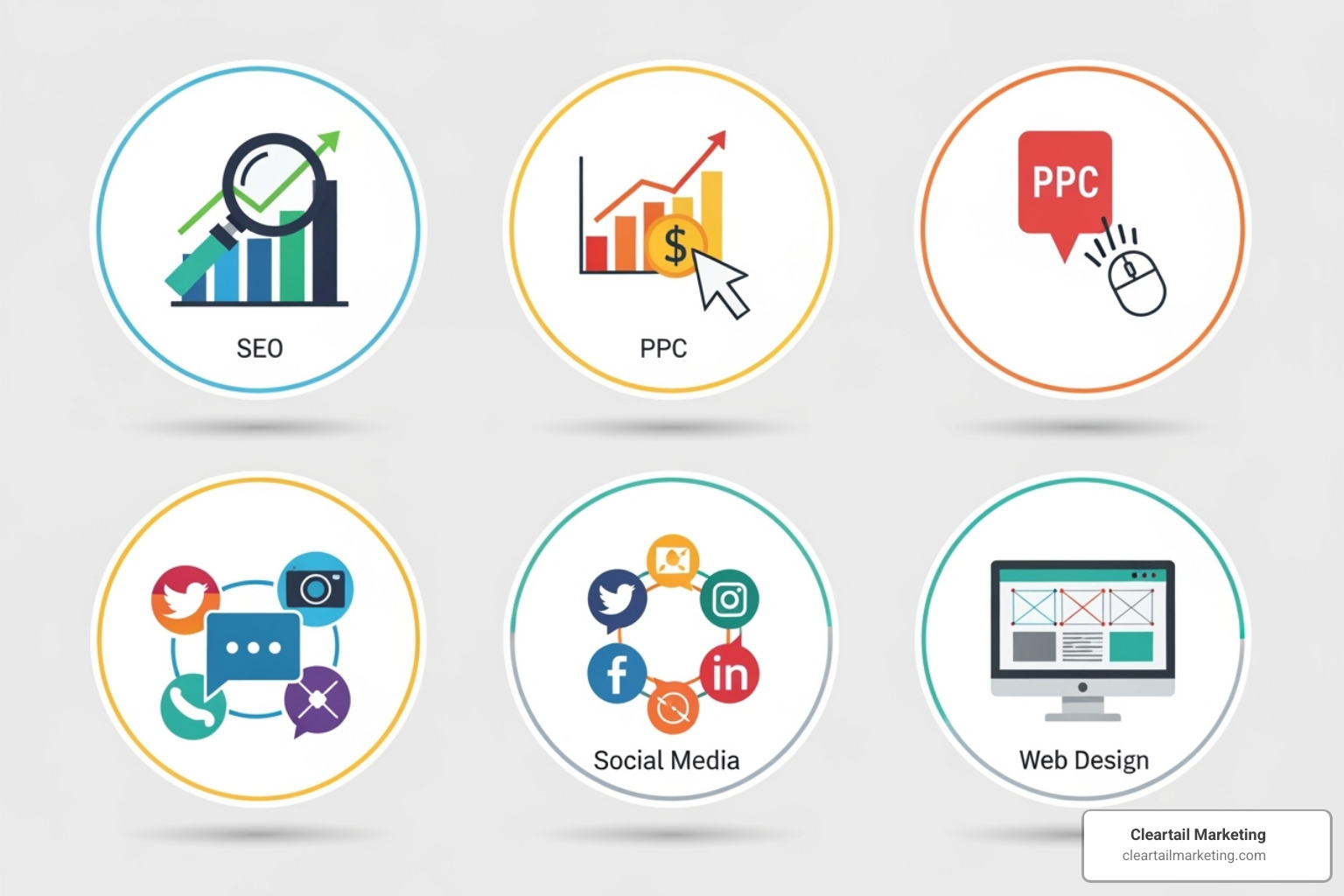 ICONS REPRESENTING VARIOUS DIGITAL MARKETING SERVICES LIKE SEO, PPC, SOCIAL MEDIA, AND WEB DESIGN - BEST DIGITAL MARKETING AGENCY