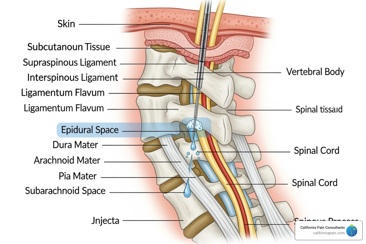 Illustration of the anatomy of the spine for an epidural injection, showing the needle reaching the epidural space - diagnostic pain procedures