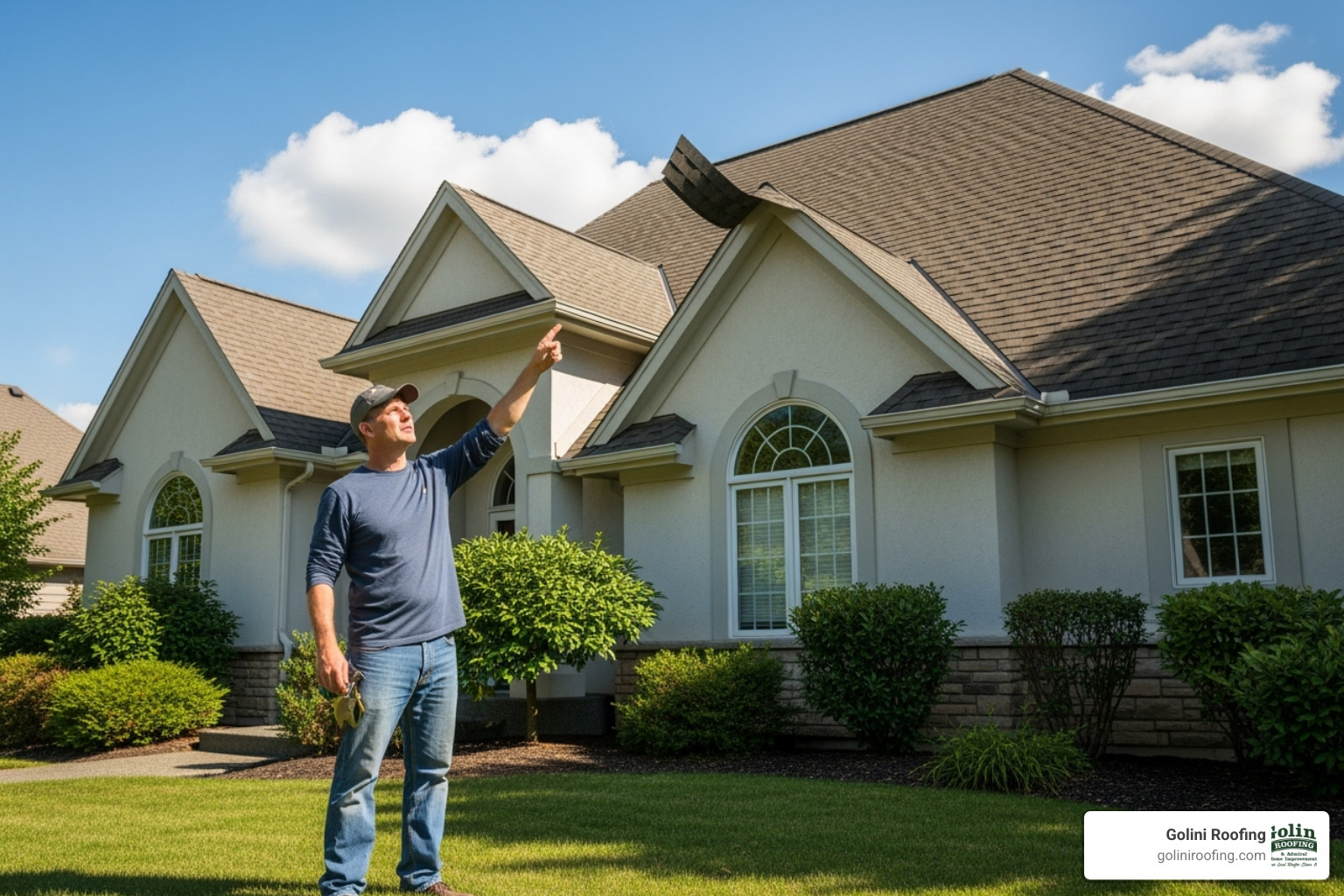 A homeowner inspecting their roof from the ground, pointing to a curled shingle - roofing company Woburn MA A homeowner inspecting their roof from the ground, pointing to a curled shingle - roofing company Woburn MA
