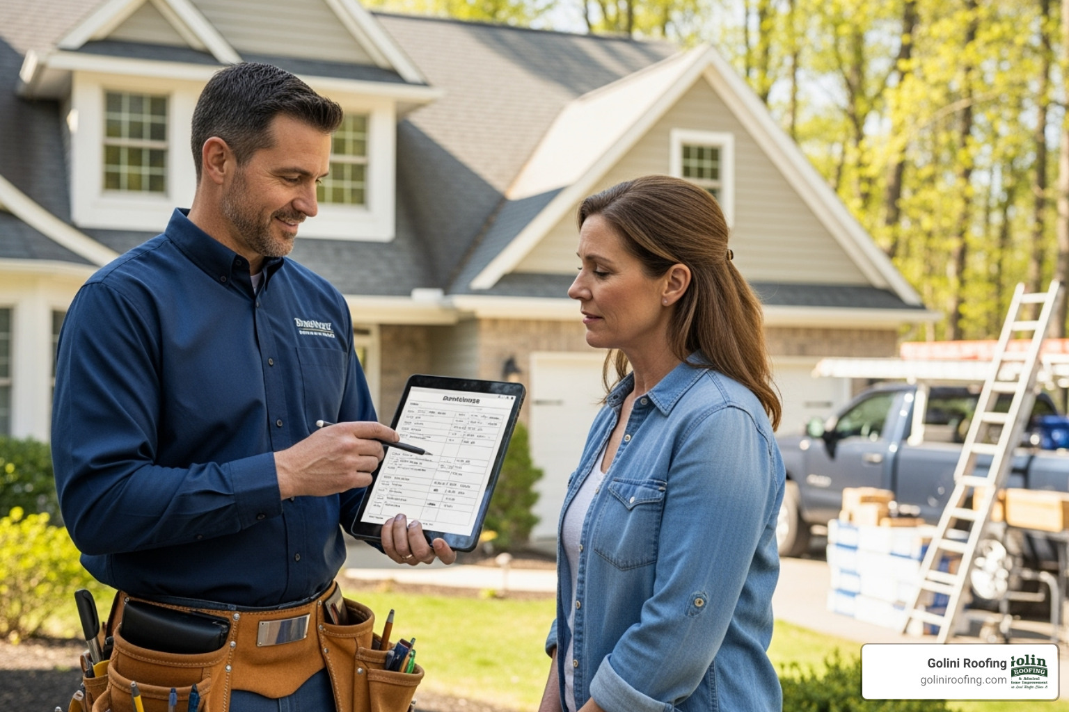 A professional roofer providing a detailed written estimate to a homeowner on a tablet, with a friendly discussion - roofing company Woburn MA A professional roofer providing a detailed written estimate to a homeowner on a tablet, with a friendly discussion - roofing company Woburn MA