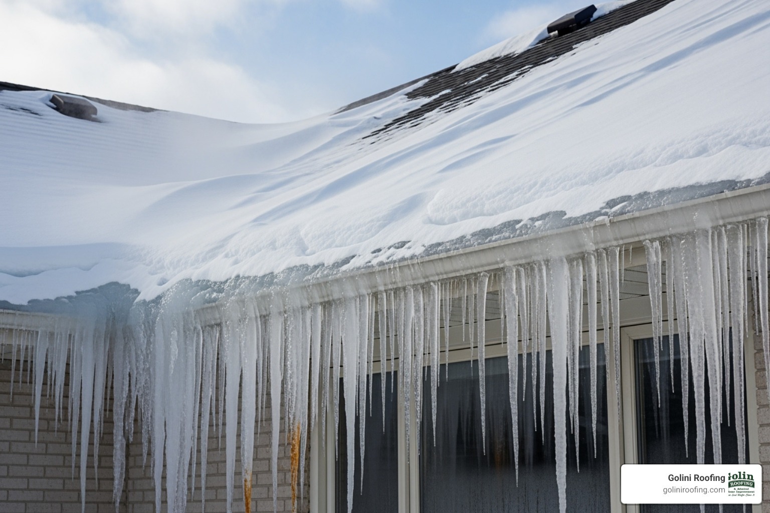 A snow-covered roof with a prominent ice dam forming along the eaves, indicating potential issues - roofing company Woburn MA A snow-covered roof with a prominent ice dam forming along the eaves, indicating potential issues - roofing company Woburn MA