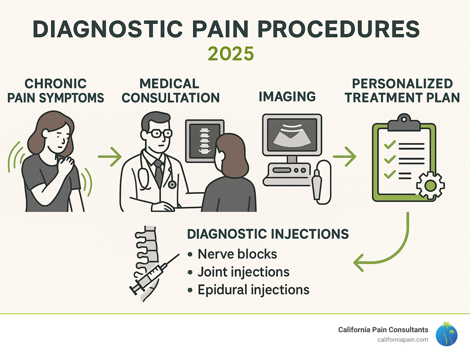Comprehensive infographic showing the diagnostic pain procedure process: starting with chronic pain symptoms, moving through medical consultation and imaging, various diagnostic injection types (nerve blocks, joint injections, epidural injections), results interpretation, and leading to personalized treatment plans - diagnostic pain procedures infographic 