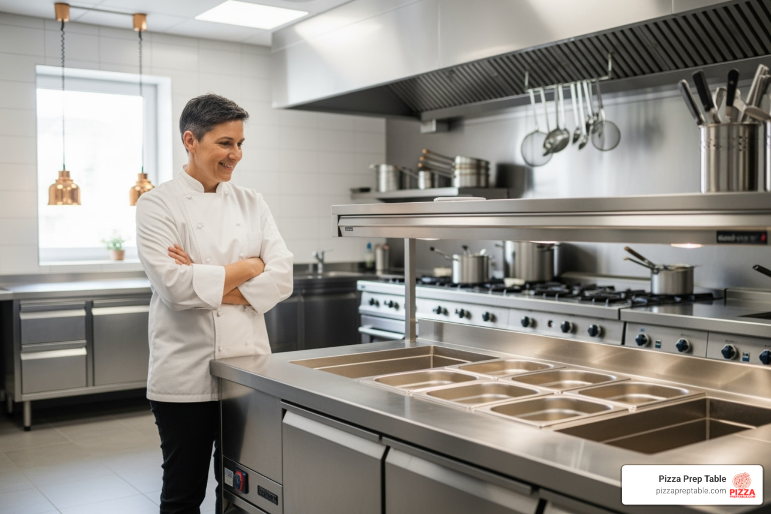Image of a restaurant owner smiling while looking at a new pizza prep table - equipment leasing restaurant