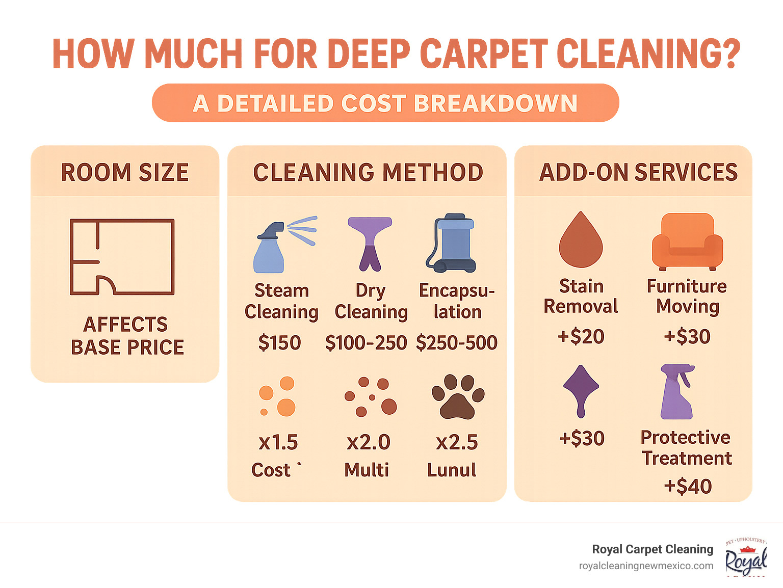 Infographic showing deep carpet cleaning cost breakdown with four main categories: Room Size (affecting base price), Cleaning Method (steam cleaning vs dry cleaning vs encapsulation with respective costs), Carpet Condition (light soiling vs heavy soiling vs pet stains with price multipliers), and Add-On Services (stain removal, furniture moving, protective treatments with individual costs) - how much for deep carpet cleaning infographic 
