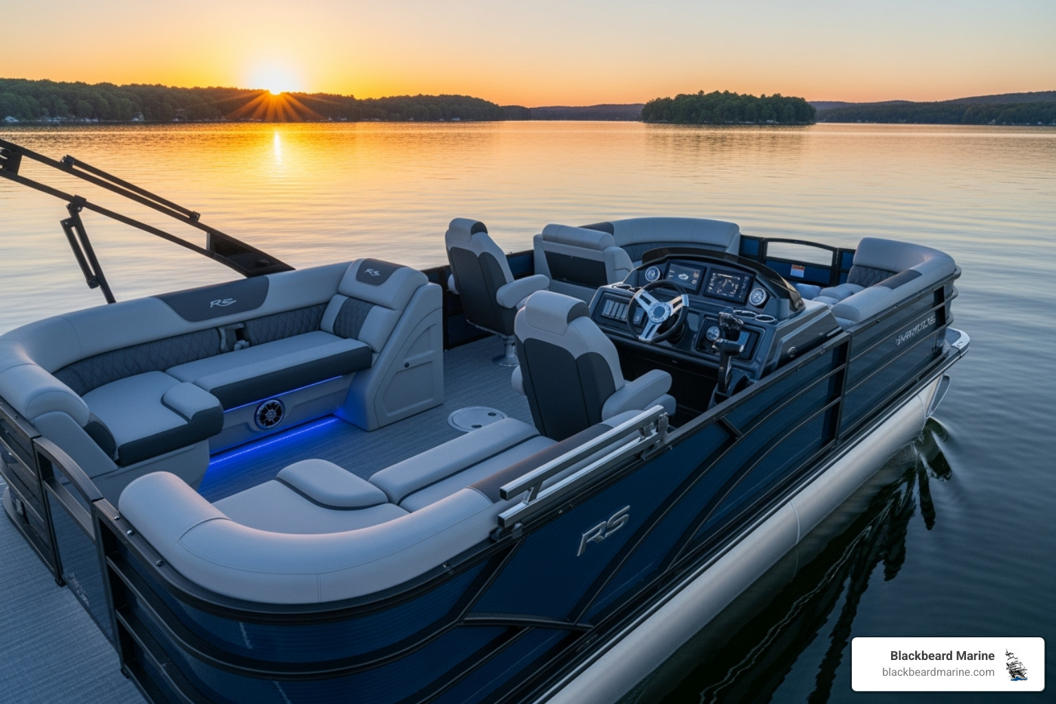 A sleek, modern Lowe RS series pontoon boat with plush, high-back seating, a stylish helm, and premium finishes on a calm lake at sunset. - lowe pontoon boats prices