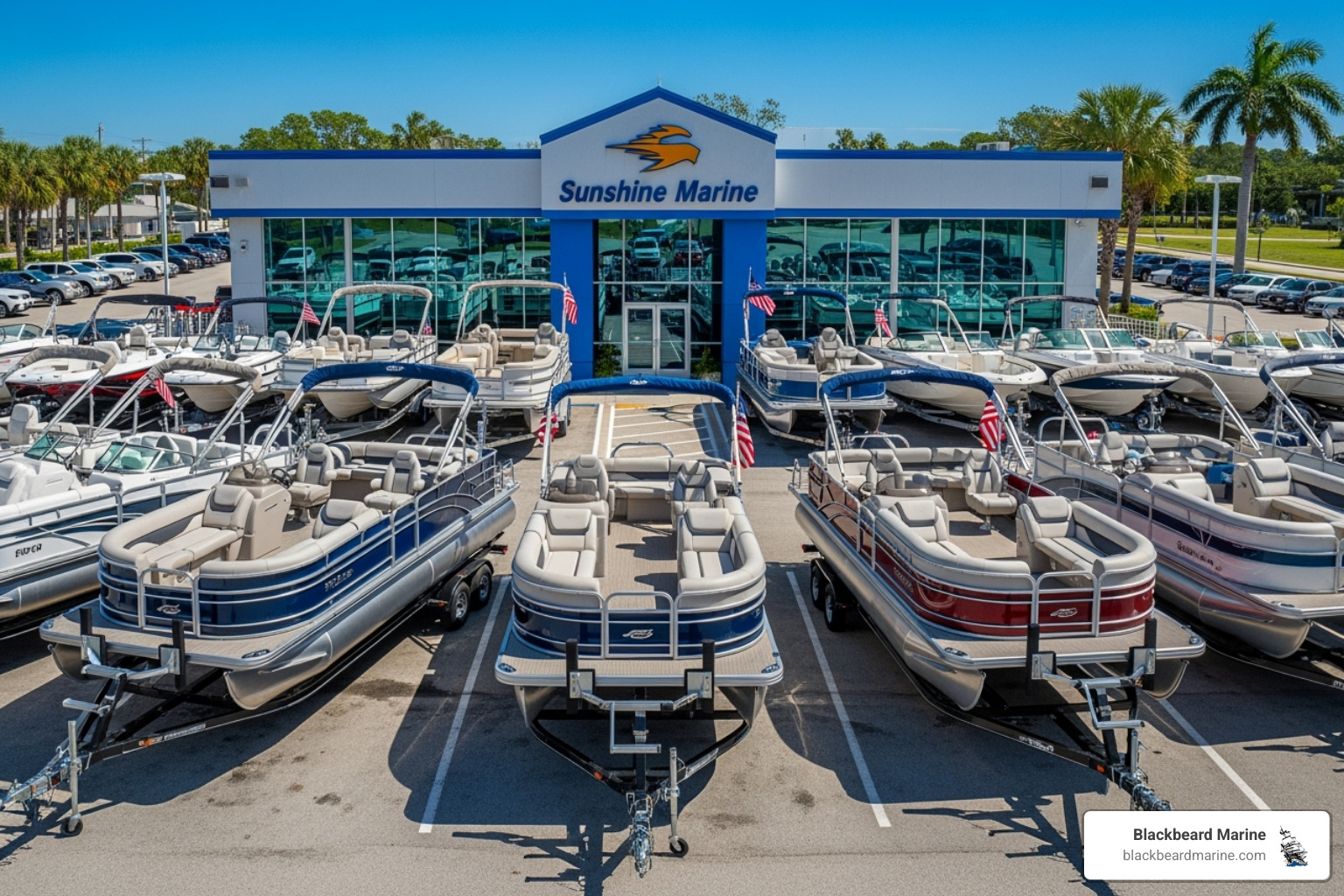 Blackbeard Marine dealership storefront with boats on display - lowe pontoon boats prices