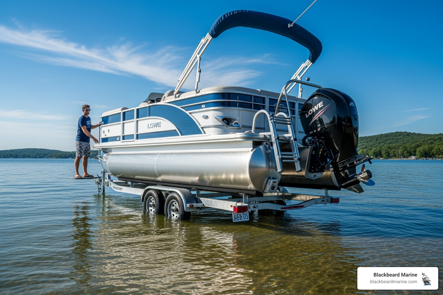 A sleek Lowe pontoon boat is expertly loaded onto a boat trailer, ready for transport, with a clear blue sky and calm water in the background. - lowe pontoon boats prices