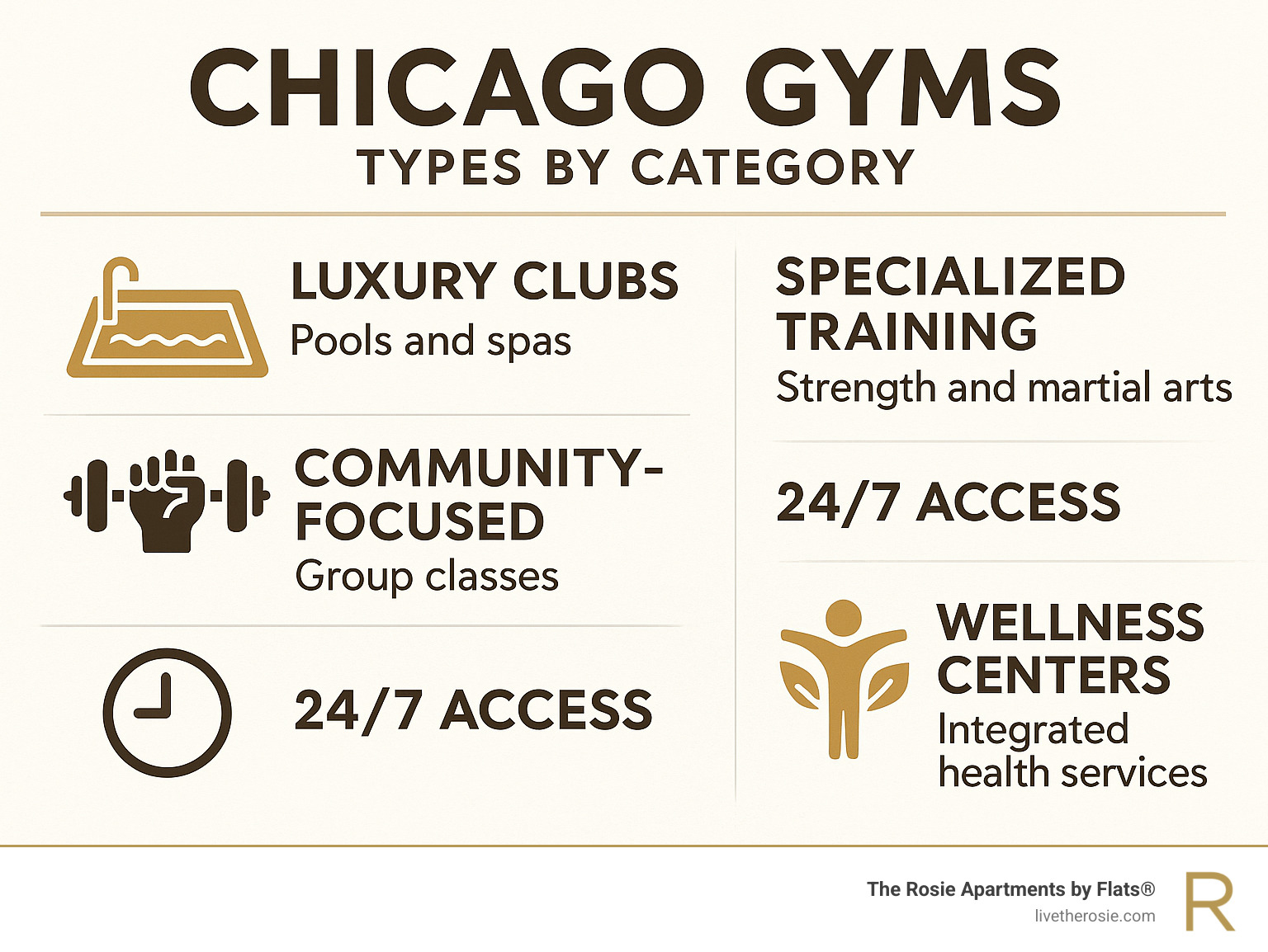 Comprehensive guide showing Chicago gym types by category: Luxury clubs with pools and spas, specialized training facilities for strength and martial arts, community-focused studios with group classes, 24/7 access gyms, and wellness centers offering integrated health services like nutrition coaching and physical therapy - chicago gyms infographic 