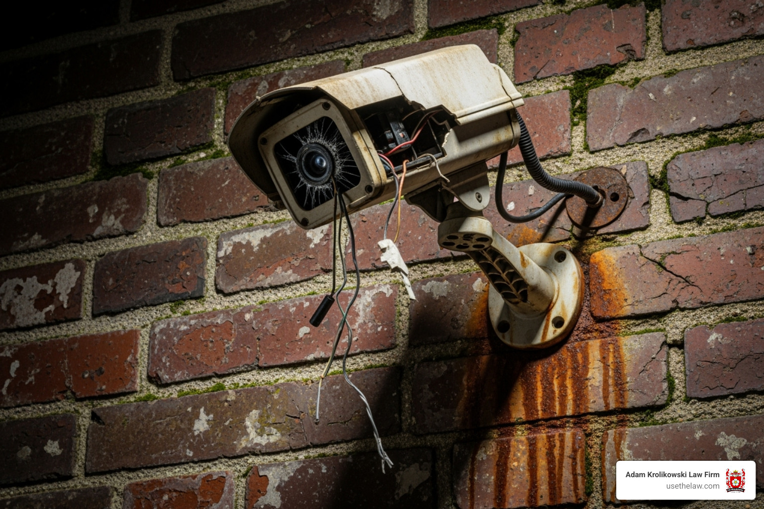 Image of a broken security camera on a brick wall - negligence security lawyer