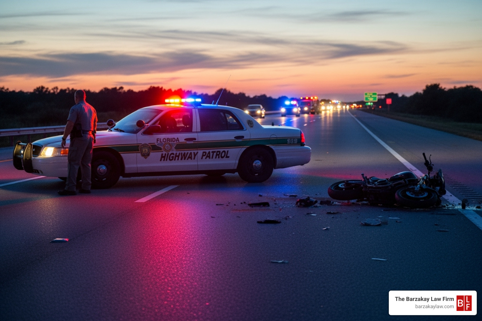 Florida Highway Patrol cruiser at accident scene - fatality motorcycle accident today