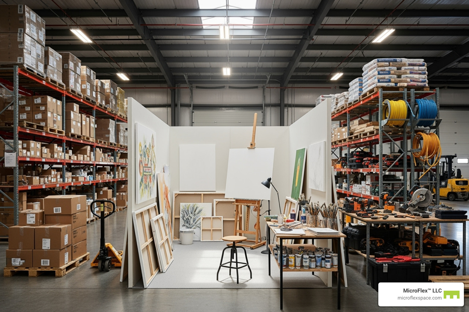 Diverse use cases: an e-commerce station with packed boxes, an artist's workshop with paints and canvases, and a contractor's equipment storage area with tools and machinery - month to month warehouse rental Diverse use cases: an e-commerce station with packed boxes, an artist's workshop with paints and canvases, and a contractor's equipment storage area with tools and machinery - month to month warehouse rental