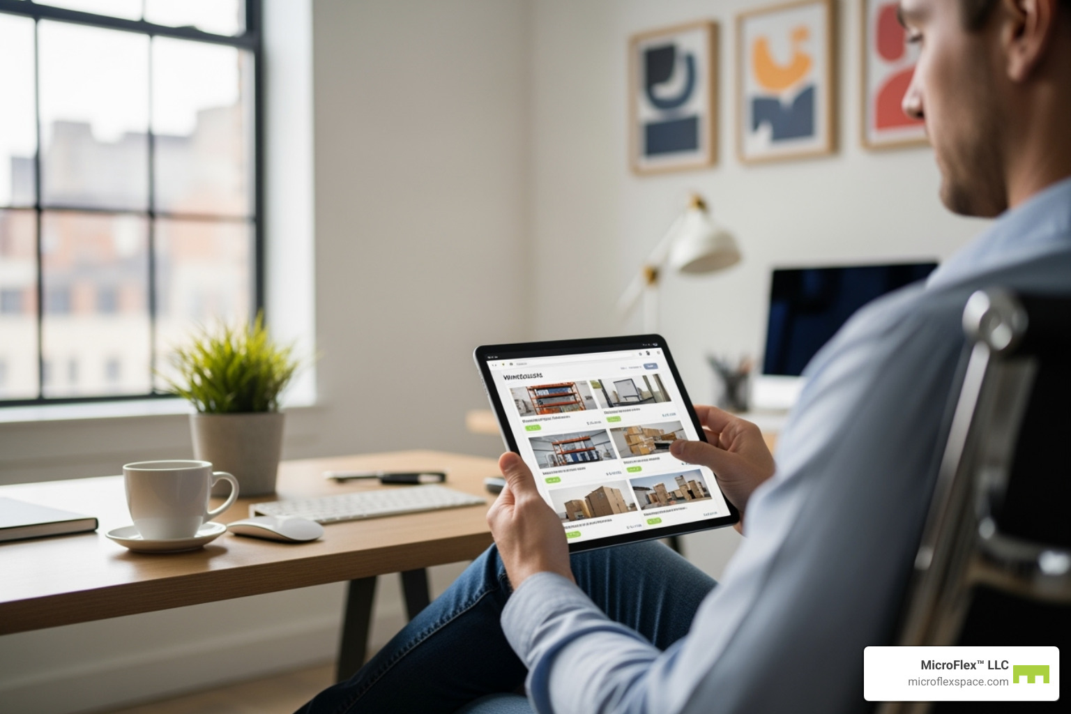 A person using a tablet to browse online warehouse listings, sitting comfortably in a modern office - month to month warehouse rental A person using a tablet to browse online warehouse listings, sitting comfortably in a modern office - month to month warehouse rental