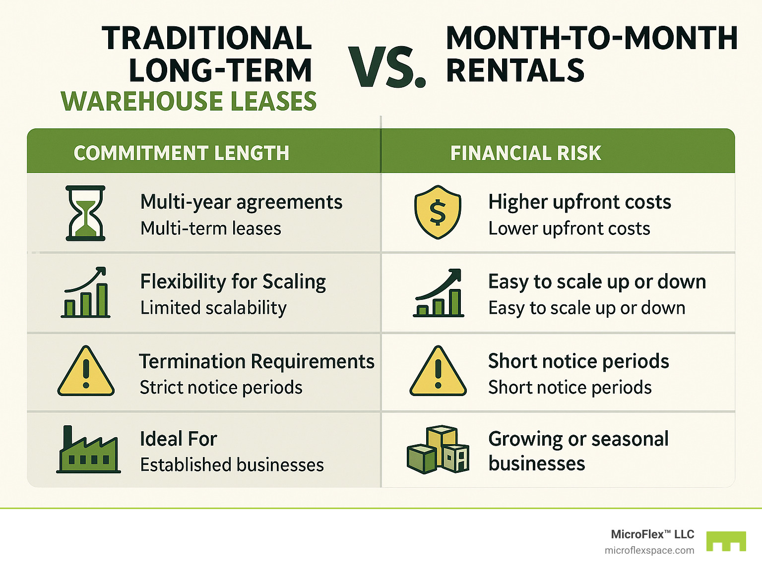 Infographic comparing traditional long-term warehouse leases versus month-to-month rentals, showing key differences in commitment length, financial risk, flexibility for scaling, termination requirements, and ideal business scenarios for each option - month to month warehouse rental infographic Infographic comparing traditional long-term warehouse leases versus month-to-month rentals, showing key differences in commitment length, financial risk, flexibility for scaling, termination requirements, and ideal business scenarios for each option - month to month warehouse rental infographic