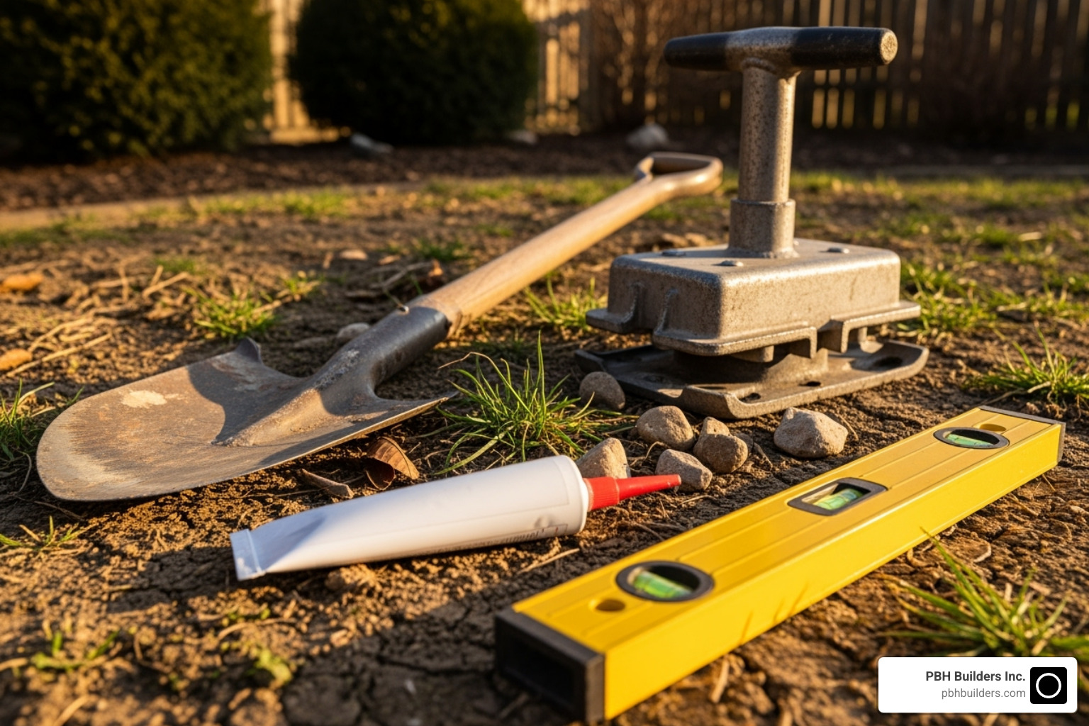 Tools laid out for a DIY fire pit project (shovel, level, tamper, adhesive) - Fire pit installation