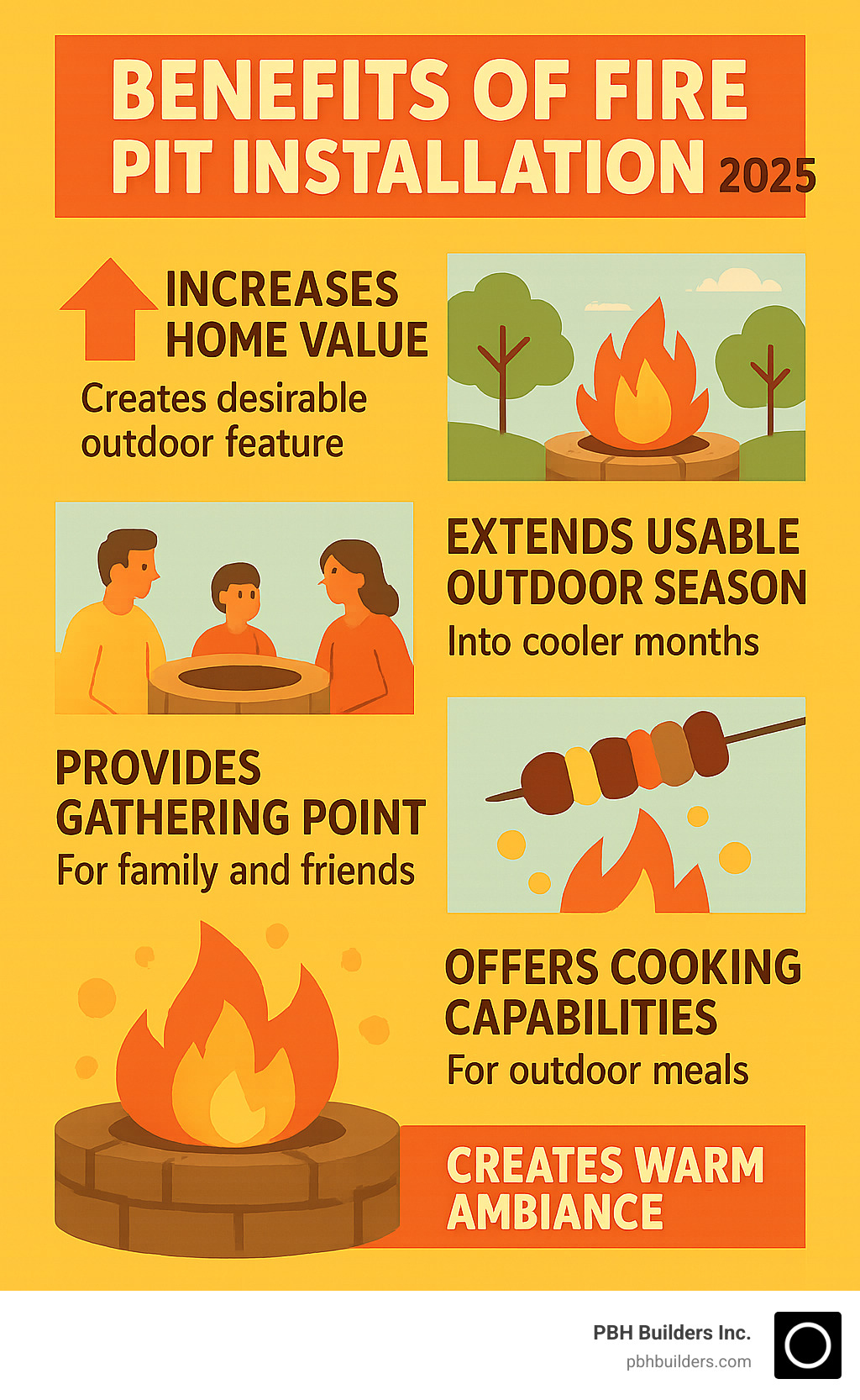 Infographic showing fire pit installation benefits: increases home value by creating desirable outdoor feature, extends usable outdoor season into cooler months, provides central gathering point for family and friends, offers cooking capabilities for outdoor meals, creates warm ambiance with crackling flames and cozy atmosphere - Fire pit installation infographic 