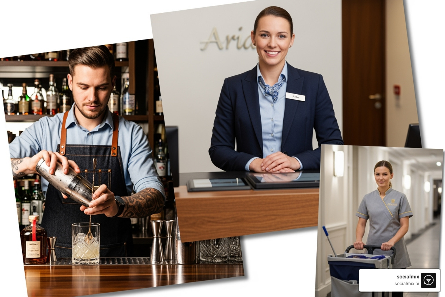 A collage showing different hospitality roles: a front desk agent in a blazer, a bartender with a stylish apron and bar tools, and a housekeeper in a comfortable tunic - hospitality staff uniforms