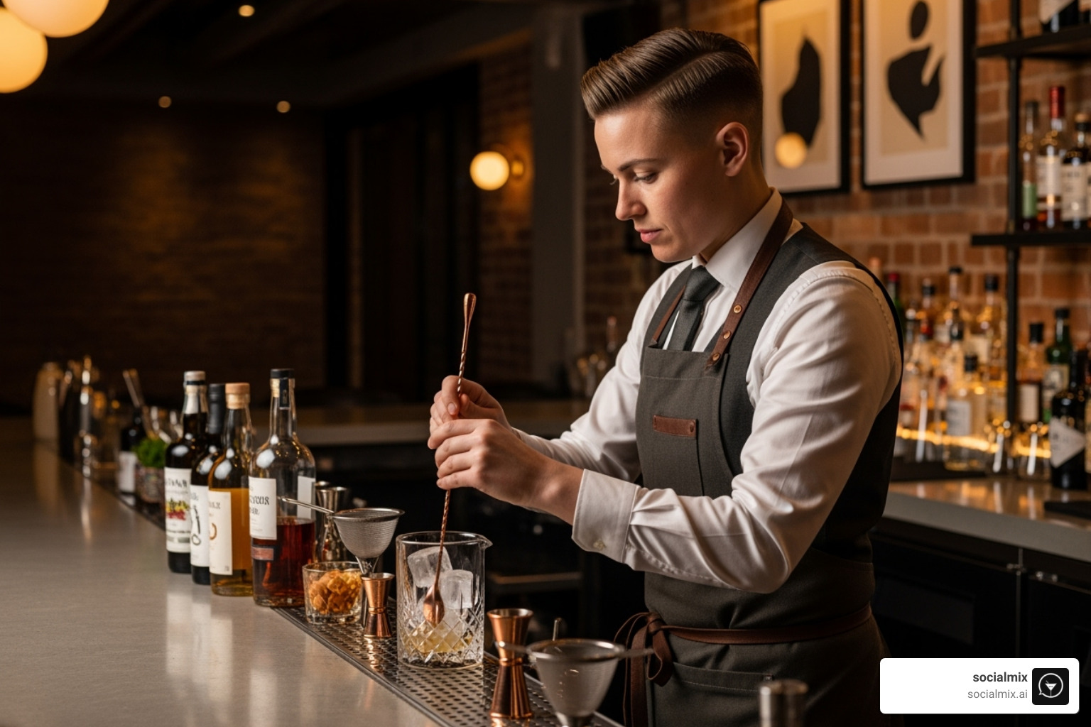 A stylish bartender wearing a uniform made from sustainable, modern fabrics and using contemporary bar tools - hospitality staff uniforms