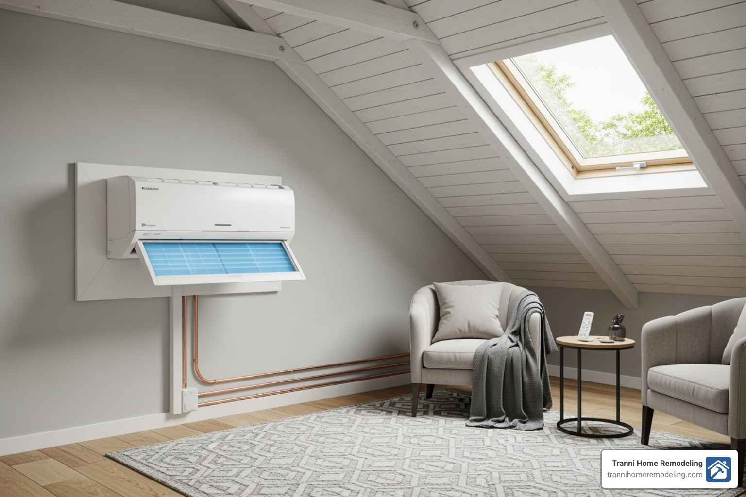 Ductless unit installed in a finished attic, showcasing its use in a renovated space - ductless mini split air conditioner Ductless unit installed in a finished attic, showcasing its use in a renovated space - ductless mini split air conditioner