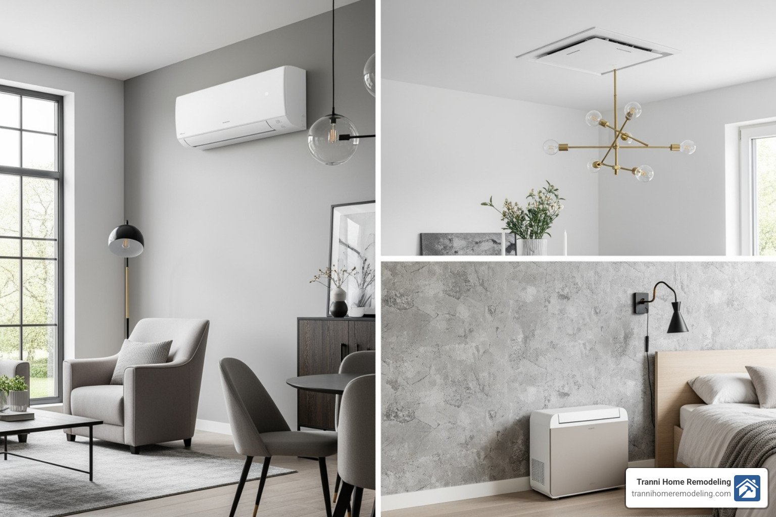 Collage of different indoor unit styles: wall-mounted, ceiling cassette, and floor-mounted - ductless mini split air conditioner Collage of different indoor unit styles: wall-mounted, ceiling cassette, and floor-mounted - ductless mini split air conditioner