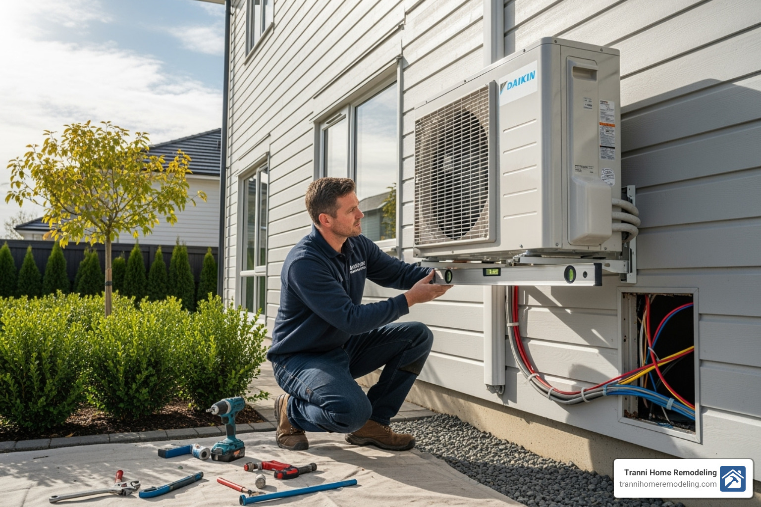 Professional technician cleanly installing the outdoor unit of a mini-split system - ductless mini split air conditioner Professional technician cleanly installing the outdoor unit of a mini-split system - ductless mini split air conditioner