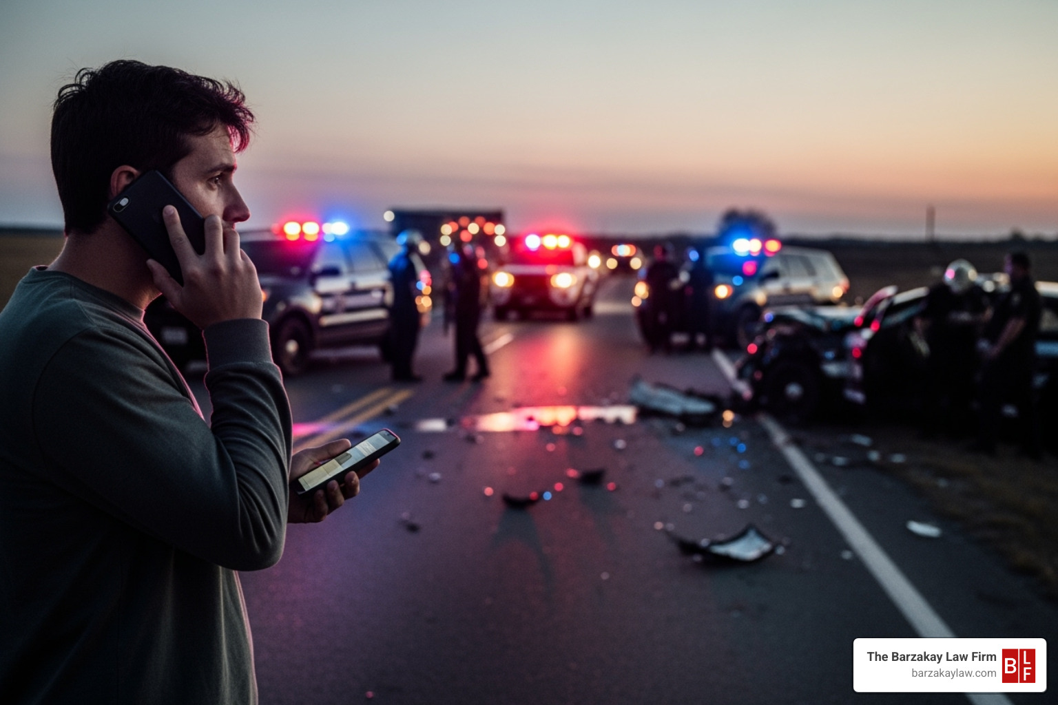 A person on the phone with 911 at an accident scene, with police lights in the background. - motorcycle accident fort lauderdale