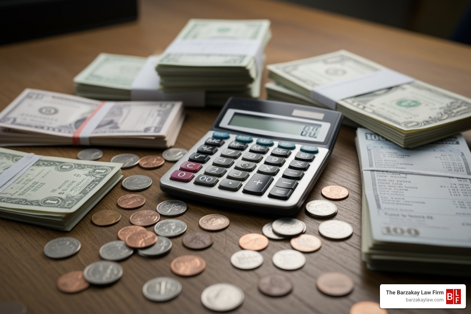 A calculator with stacks of medical bills and coins, indicating financial calculations for damages. - motorcycle accident fort lauderdale