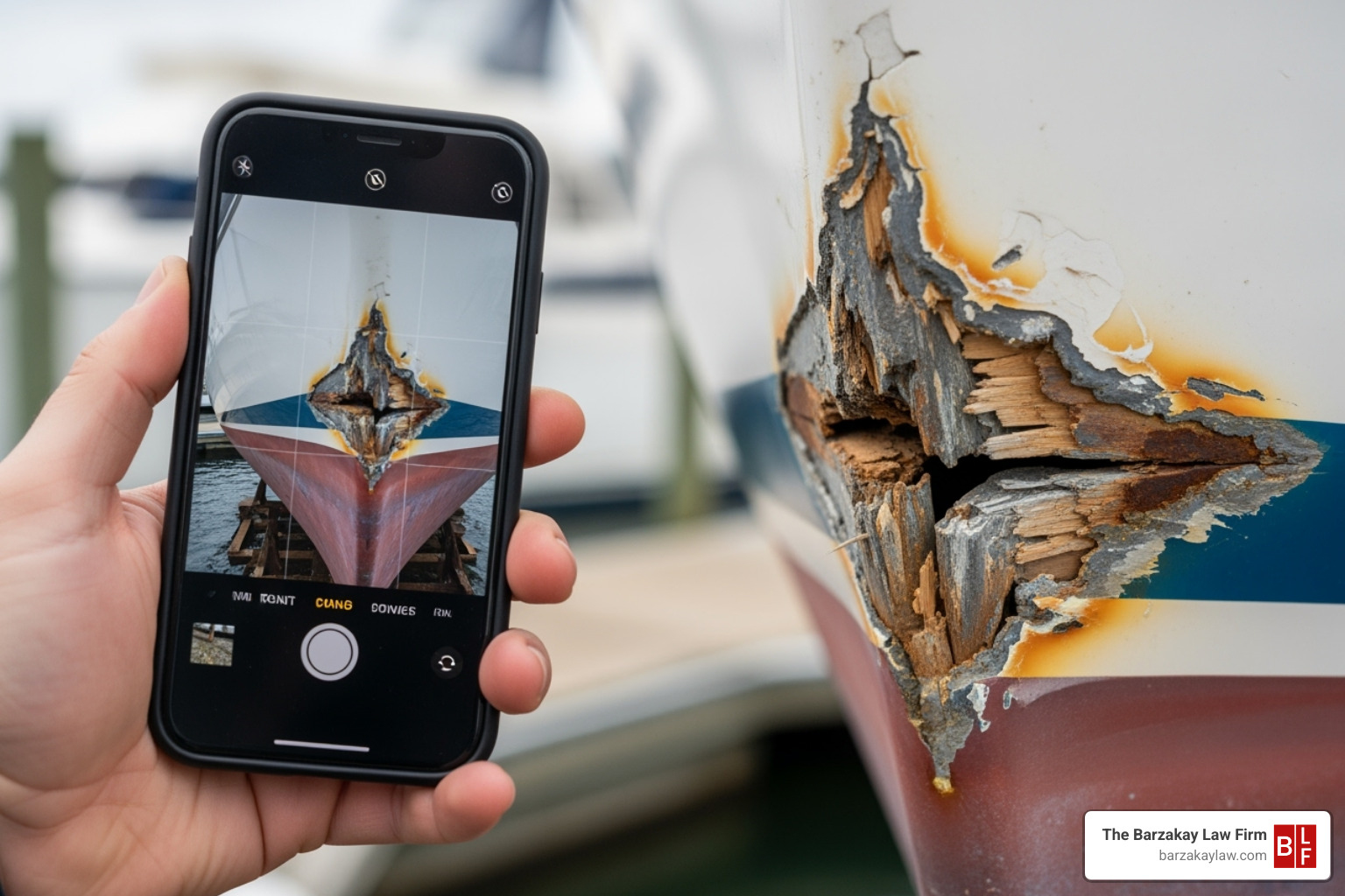 person taking photo of boat damage - boat accident lawyer florida