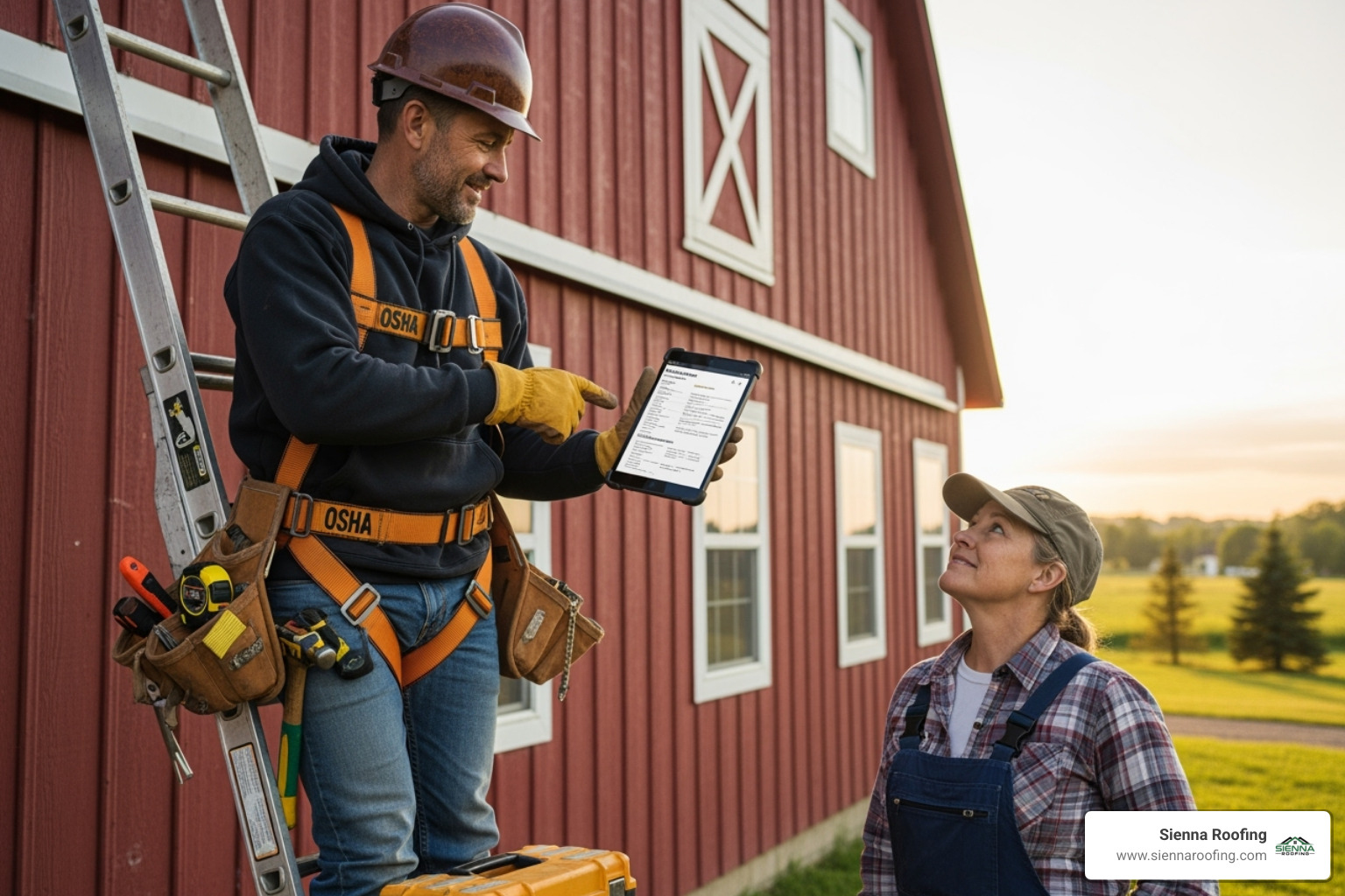 Roofer providing a quote to a barn owner. - barn roof replacement